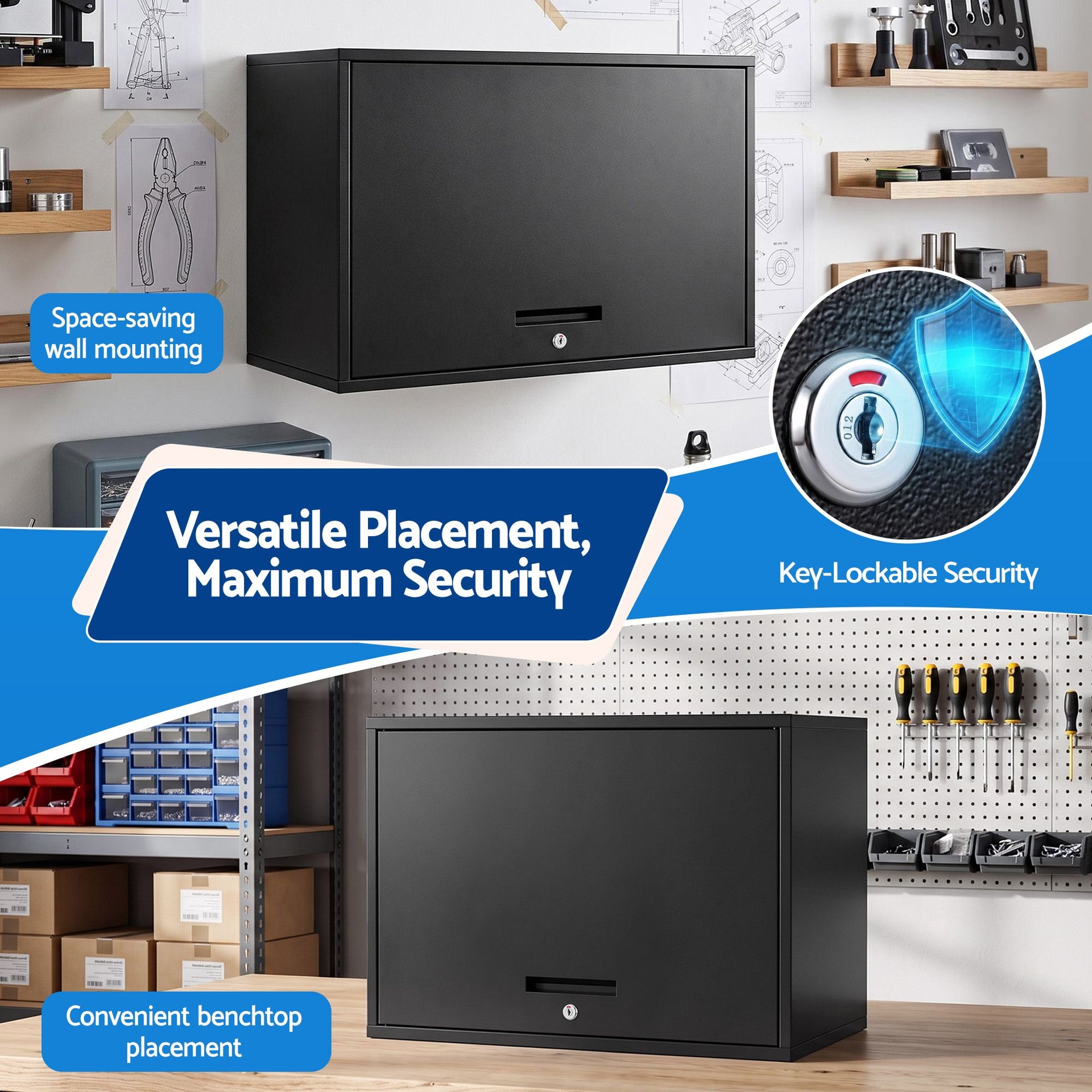 Giantz Wall Mount Steel Tool Cabinet Garage Storage Box Lockable Overhead Shelf Black Awezingly