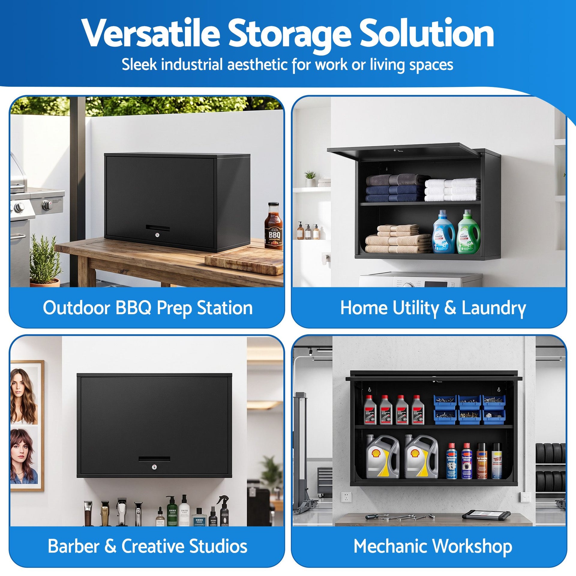 Giantz Wall Mount Steel Tool Cabinet Garage Storage Box Lockable Overhead Shelf Black Awezingly