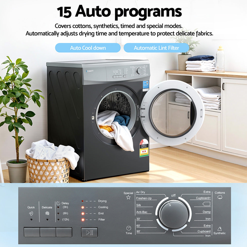Devanti 7kg Tumble Dryer Vented 15 Auto Programs - Grey Devanti
