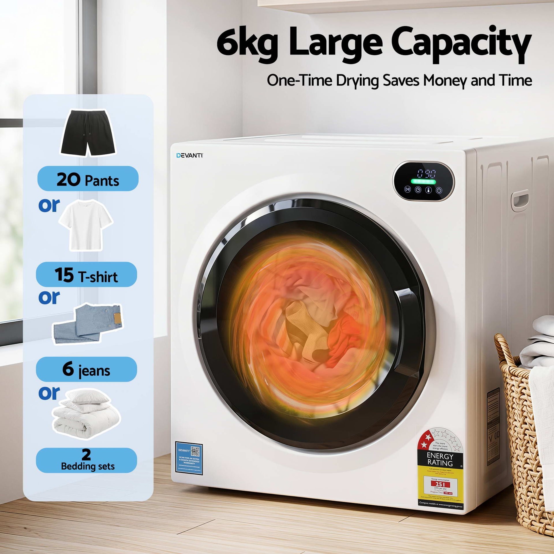 Devanti 6kg Tumble Dryer, Intelligent Touch Screen Clothes Dryer with 4 Drying Modes Stainless Steel Drum, 54x60x67.5cm Awezingly