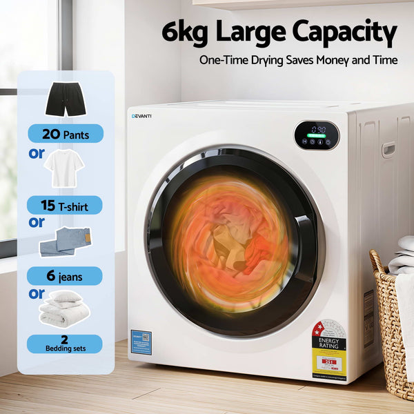 Devanti 6kg Tumble Dryer, Intelligent Touch Screen Clothes Dryer with 4 Drying Modes Stainless Steel Drum, 54x60x67.5cm Awezingly