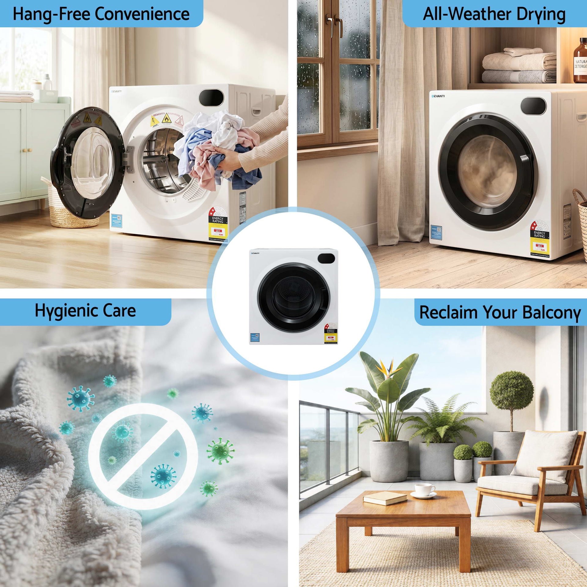 Devanti 6kg Tumble Dryer, Intelligent Touch Screen Clothes Dryer with 4 Drying Modes Stainless Steel Drum, 54x60x67.5cm Awezingly