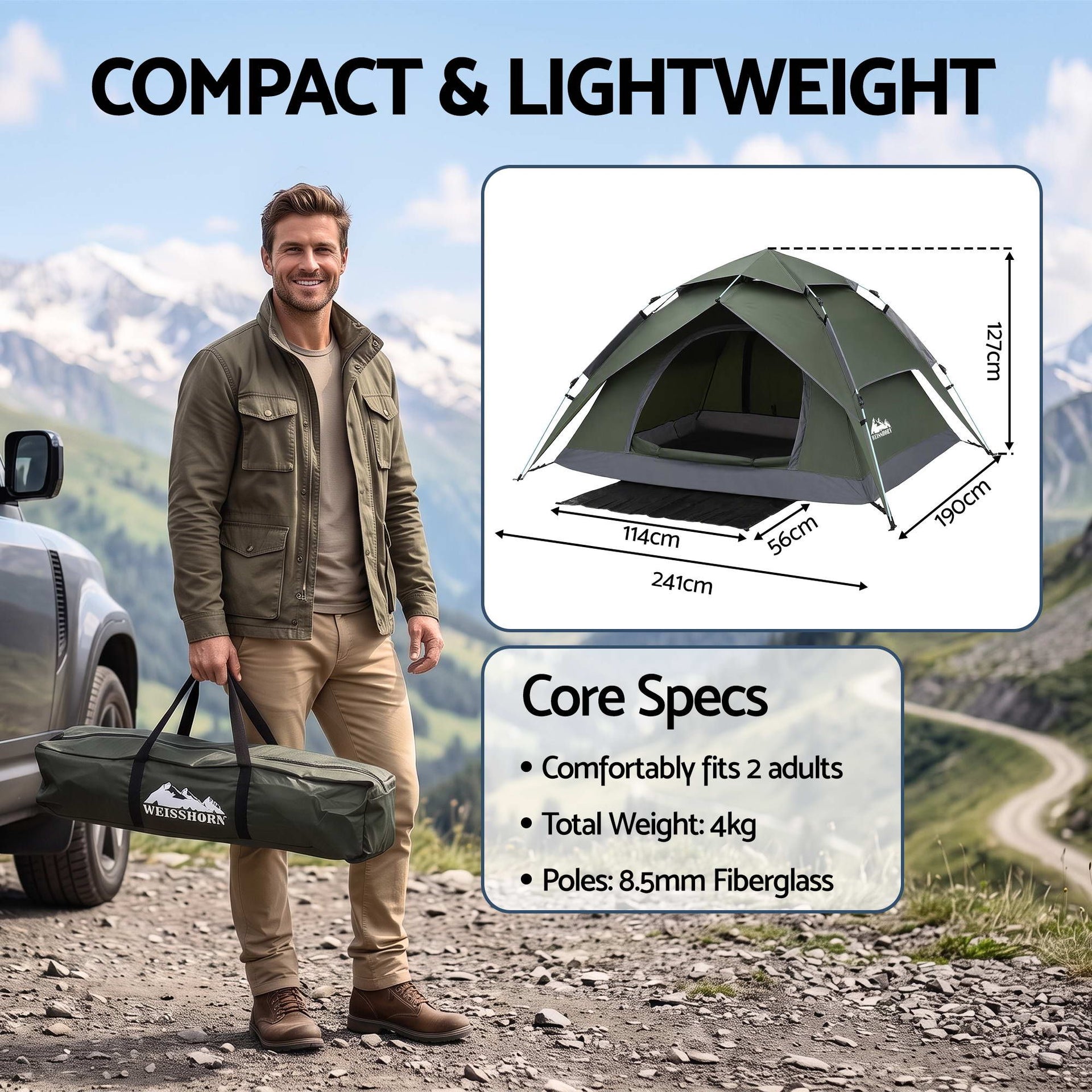 Weisshorn 2 Person Camping Tent Automatic Pop Up Water Repellent Shade Outdoor Awezingly