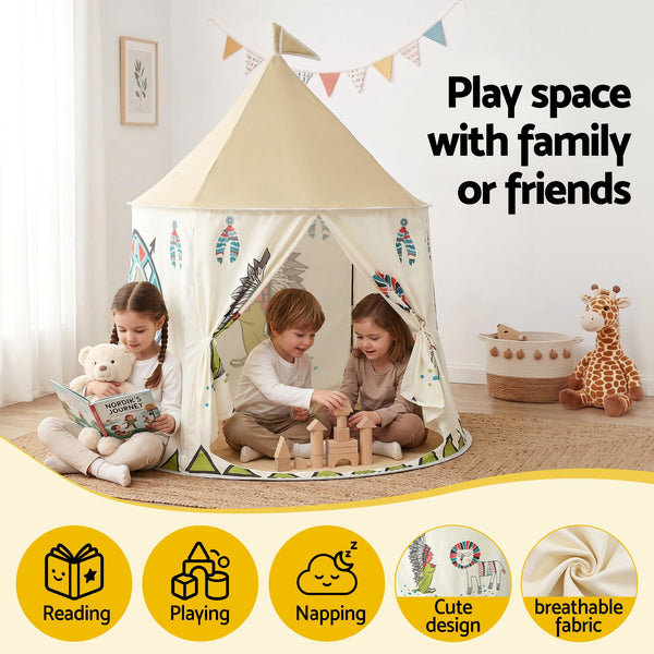 Keezi Kids Play Tent Playhouse Castle with Window Flag Carry Bag 115cmx115cm Awezingly