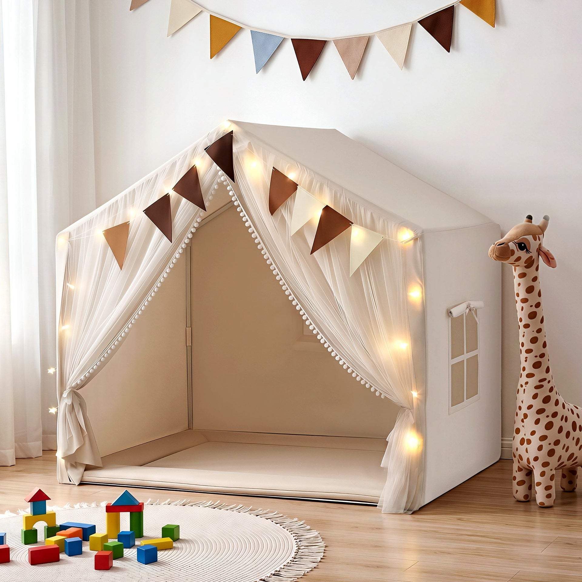 Keezi Kids Play Tent with Star Lights Windows Flag 144cmx95cm Playhouse Awezingly