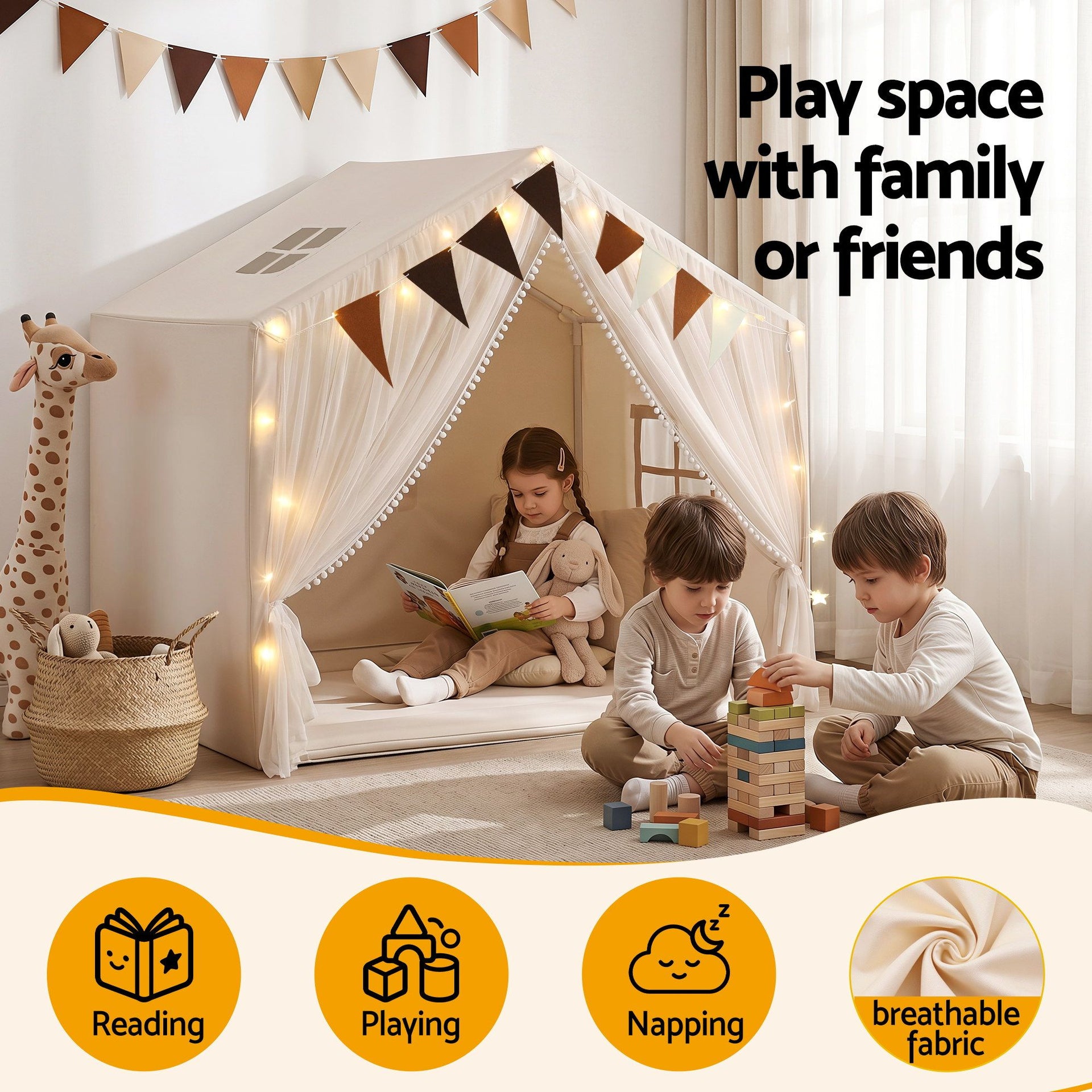 Keezi Kids Play Tent with Star Lights Windows Flag 144cmx95cm Playhouse Awezingly