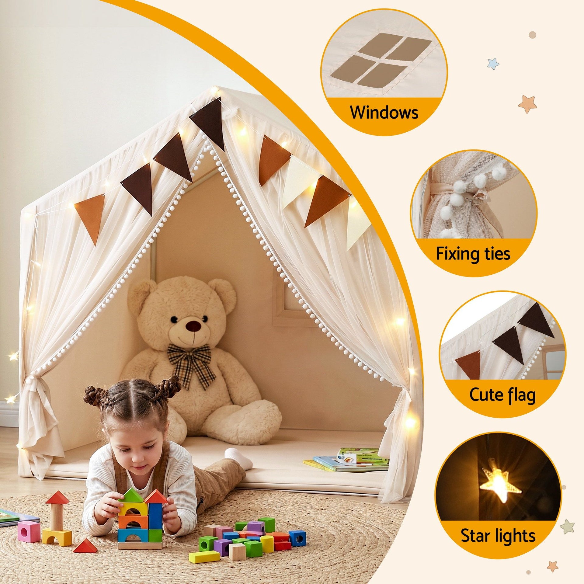 Keezi Kids Play Tent with Star Lights Windows Flag 144cmx95cm Playhouse Awezingly