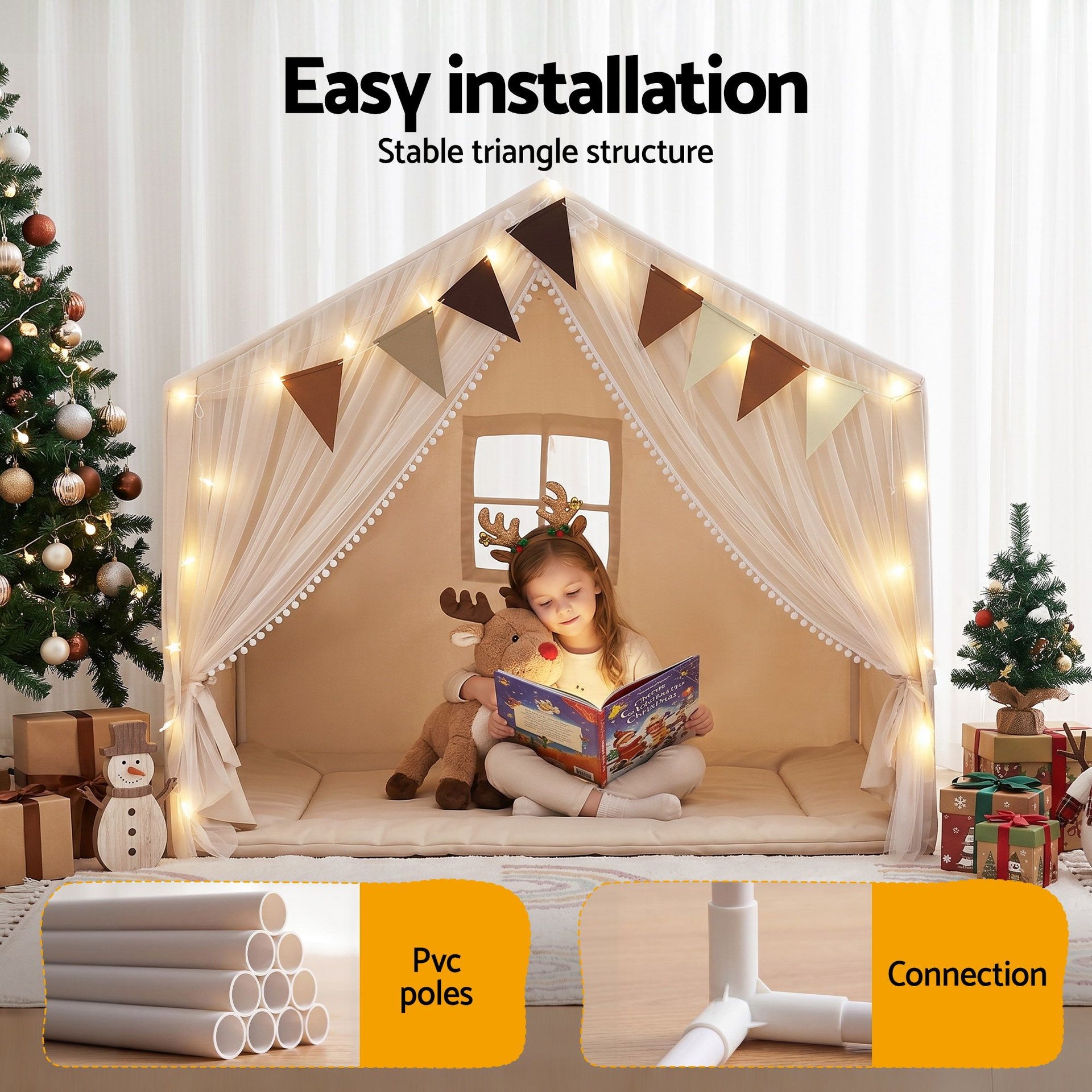 Keezi Kids Play Tent with Star Lights Windows Flag 144cmx95cm Playhouse Awezingly