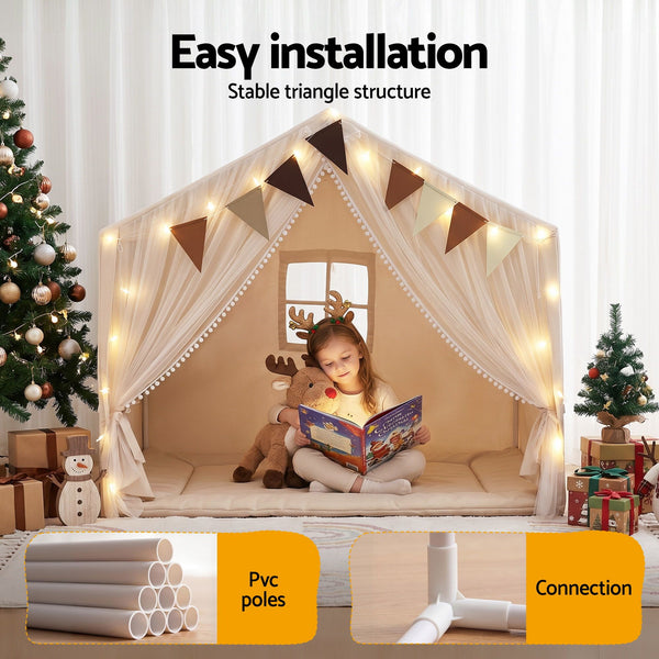 Keezi Kids Play Tent with Star Lights Windows Flag 144cmx95cm Playhouse Awezingly