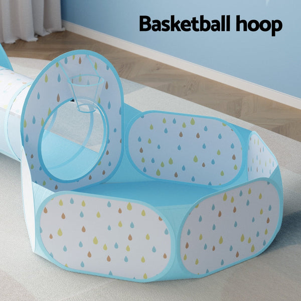 Keezi Kids Play Tent Pop Up Playhouse Ball Pit Tunnel Basketball Hoop Blue Keezi