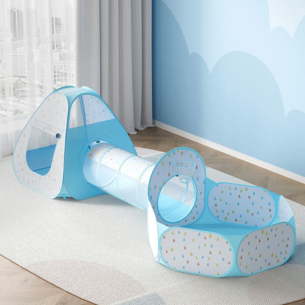 Keezi Kids Play Tent Pop Up Playhouse Ball Pit Tunnel Basketball Hoop Blue Keezi