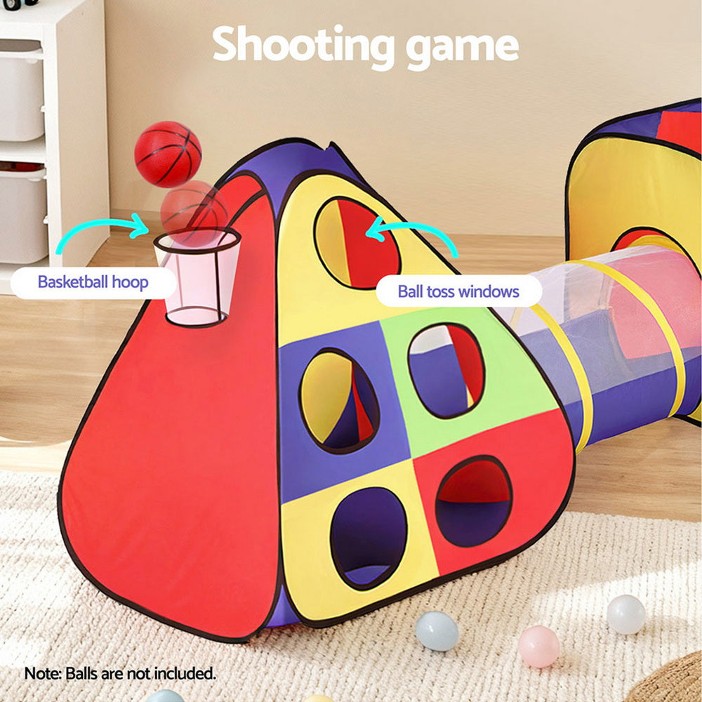 Keezi Kids Play Tent Pop Up Teepee Playhouse Ball Pit Crawl Tunnel Basketball Hoop Keezi