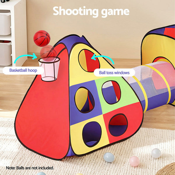 Keezi Kids Play Tent Pop Up Teepee Playhouse Ball Pit Crawl Tunnel Basketball Hoop Keezi