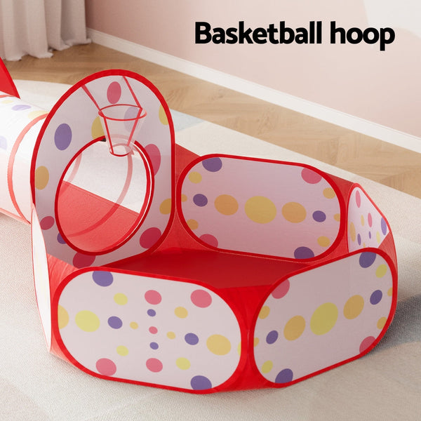 Keezi Kids Playhouse Play Tent Pop Up Teepee Ball Pit Tunnel Basketball Hoop Red Keezi
