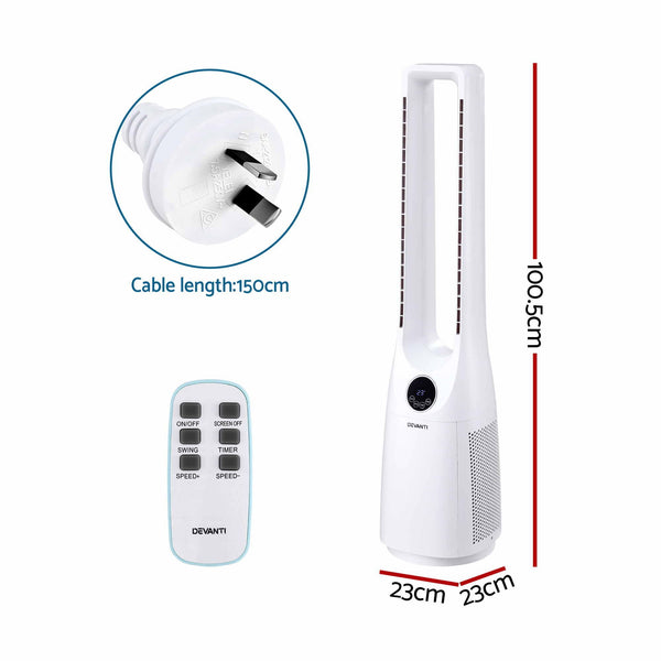 Devanti Bladeless Tower Fan 100cm 2-in-1 Cooling Airflow Purifying Remote Awezingly