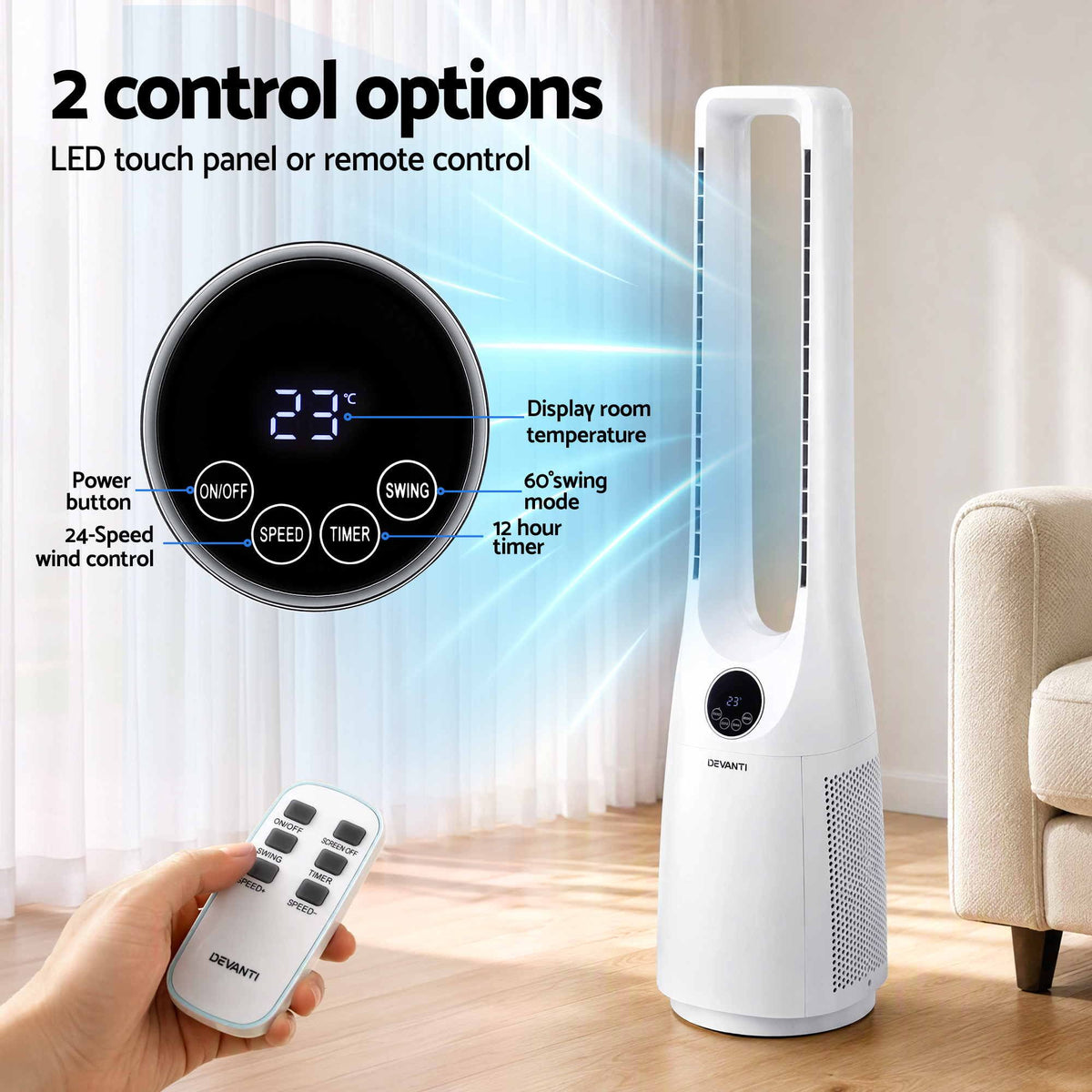 Devanti Bladeless Tower Fan 100cm 2-in-1 Cooling Airflow Purifying Remote Awezingly