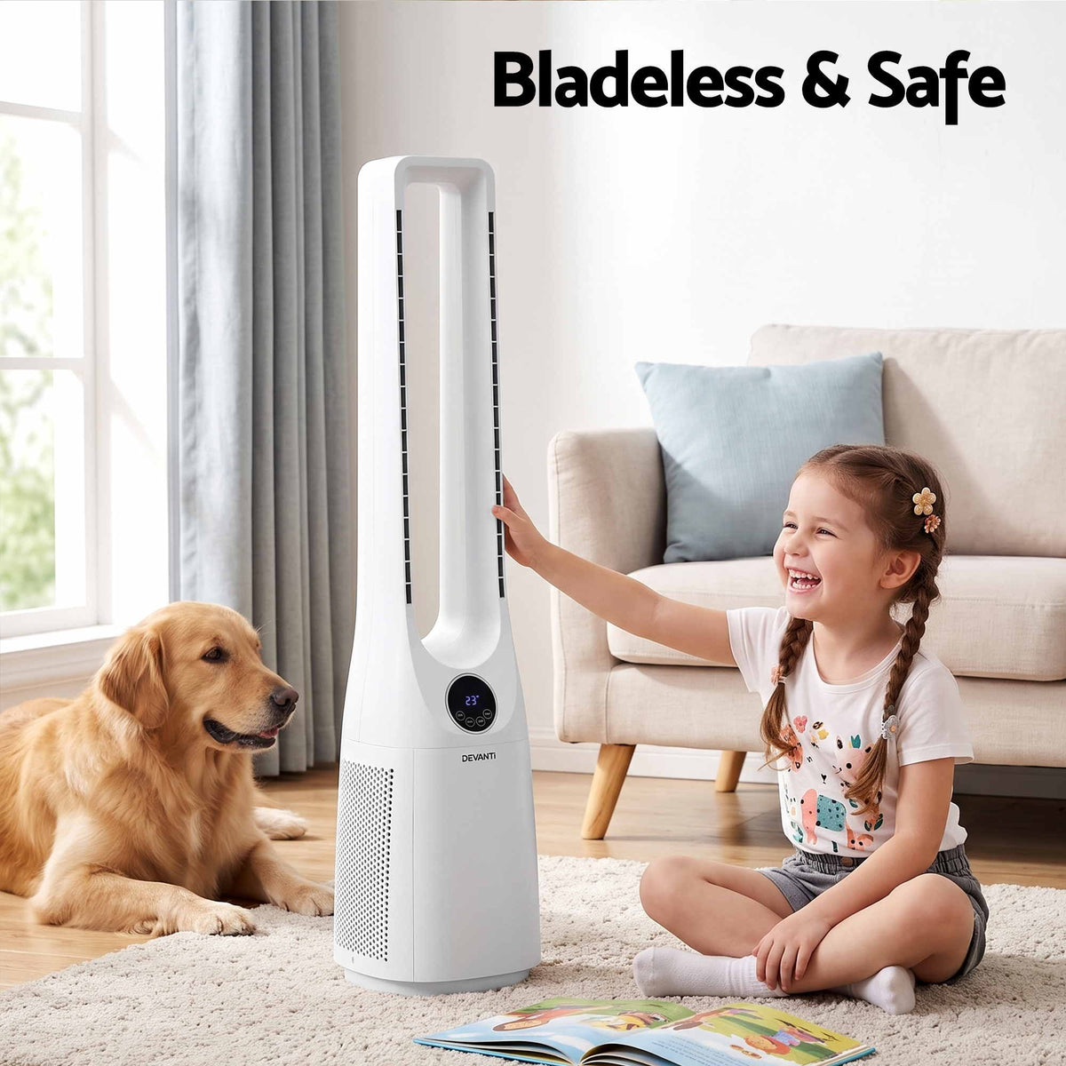 Devanti Bladeless Tower Fan 100cm 2-in-1 Cooling Airflow Purifying Remote Awezingly