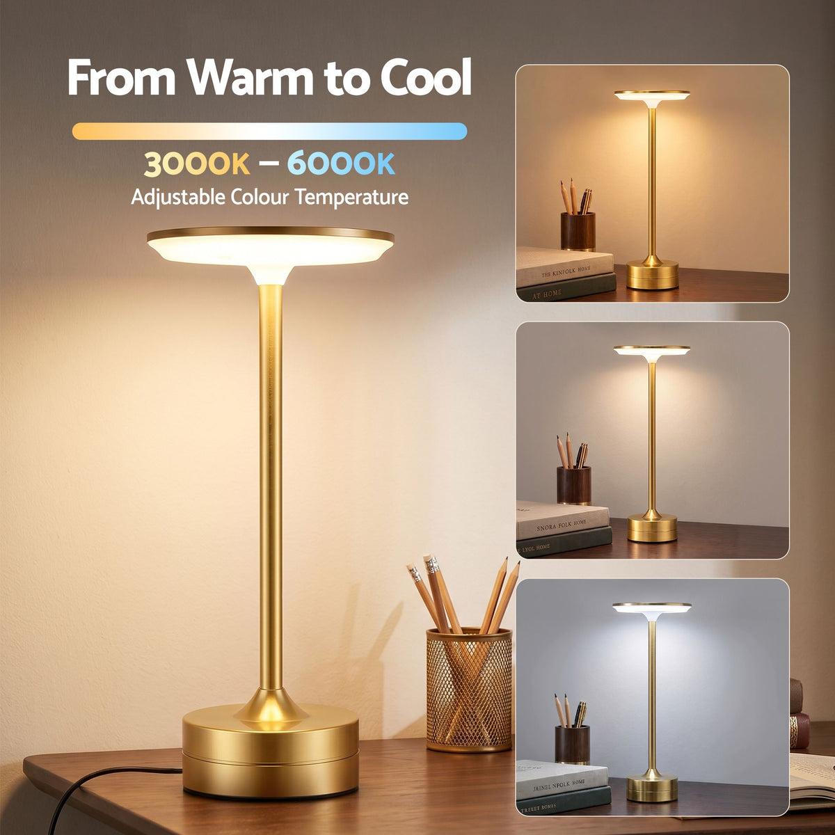 Artiss Gold Touch Table Lamp, Warm to Cool White LED, Dimmable 3000-6000K 24 LEDs, Type-C Awezingly