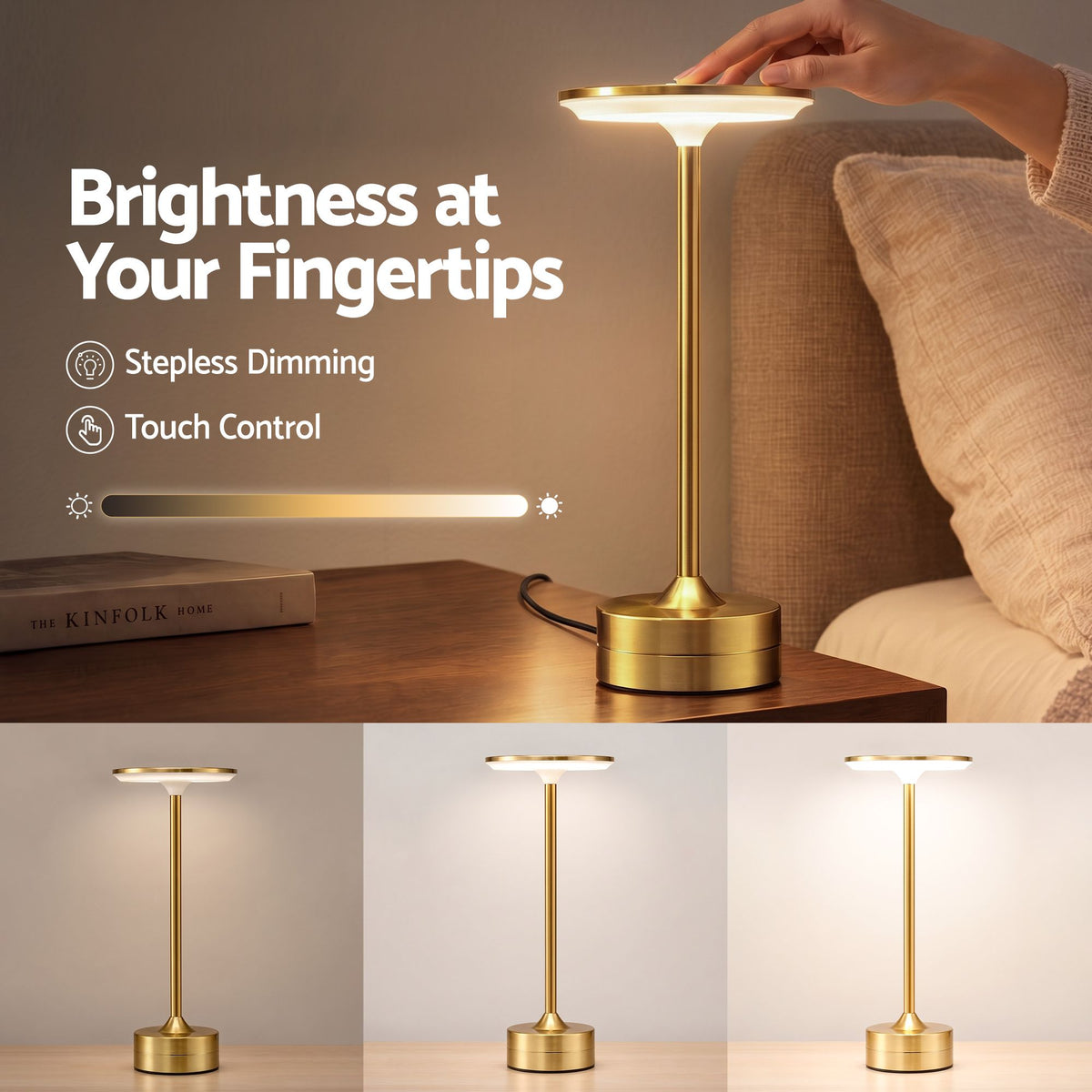 Artiss Gold Touch Table Lamp, Warm to Cool White LED, Dimmable 3000-6000K 24 LEDs, Type-C Awezingly