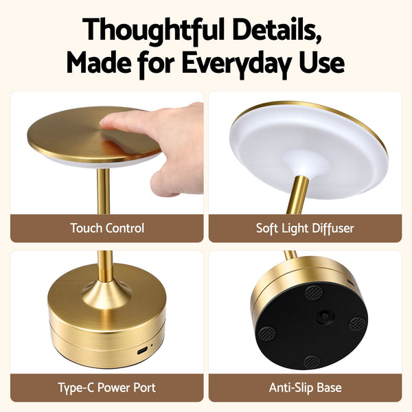 Artiss Gold Touch Table Lamp, Warm to Cool White LED, Dimmable 3000-6000K 24 LEDs, Type-C Awezingly