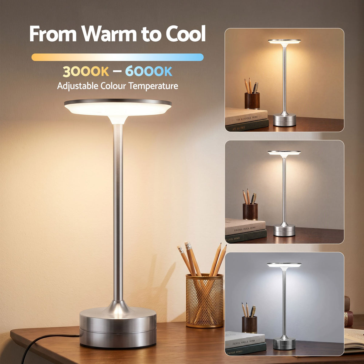 Artiss Silver Touch Table Lamp, Warm to Cool White LED, Dimmable 3000-6000K 24 LEDs, Type-C Awezingly