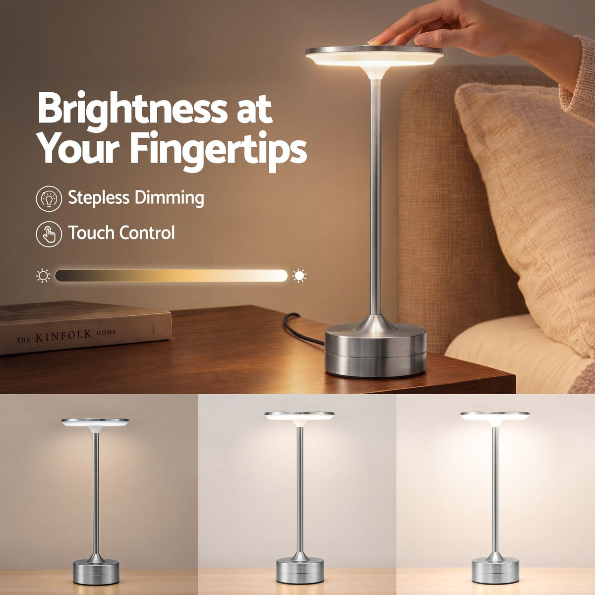 Artiss Silver Touch Table Lamp, Warm to Cool White LED, Dimmable 3000-6000K 24 LEDs, Type-C Awezingly