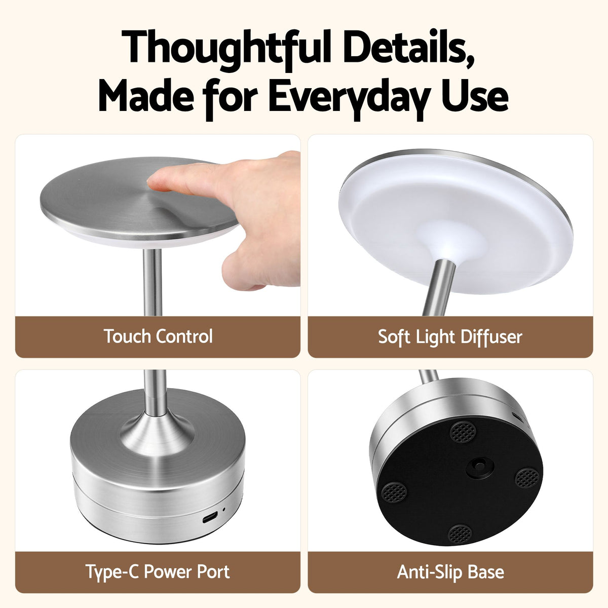 Artiss Silver Touch Table Lamp, Warm to Cool White LED, Dimmable 3000-6000K 24 LEDs, Type-C Awezingly