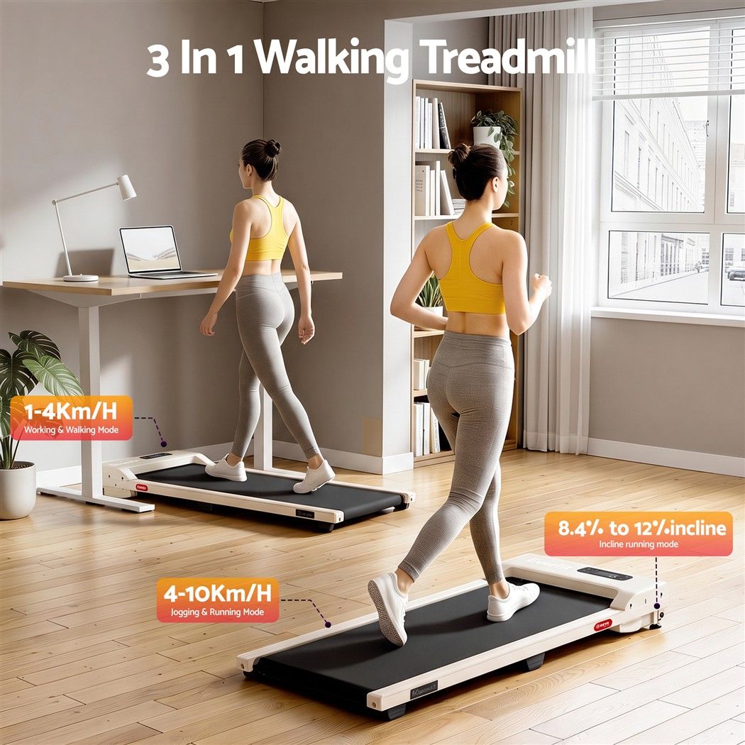 Everfit 3 in 1 Walking Pad Treadmill 12% Incline Under Desk Treadmills for Home Gym With 38cm Wide Belt Beige Awezingly