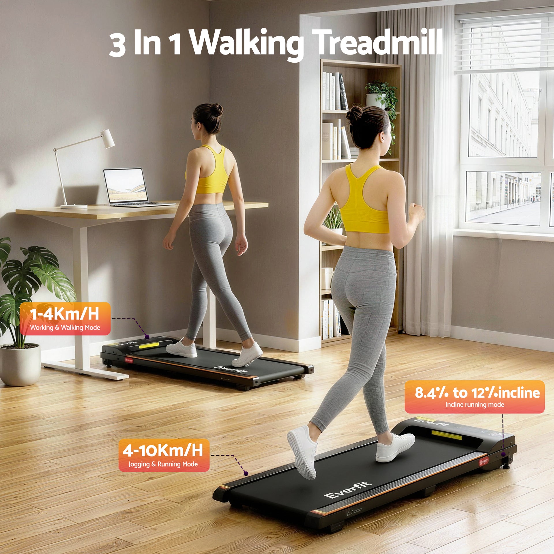 Everfit 3 in 1 Walking Pad Treadmill 12% Incline Under Desk Treadmills for Home Gym With 38cm Wide Belt Awezingly