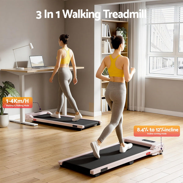 Everfit 3 in 1 Walking Pad Treadmill 12% Incline Under Desk Treadmills for Home Gym With 38cm Wide Belt Pink Awezingly