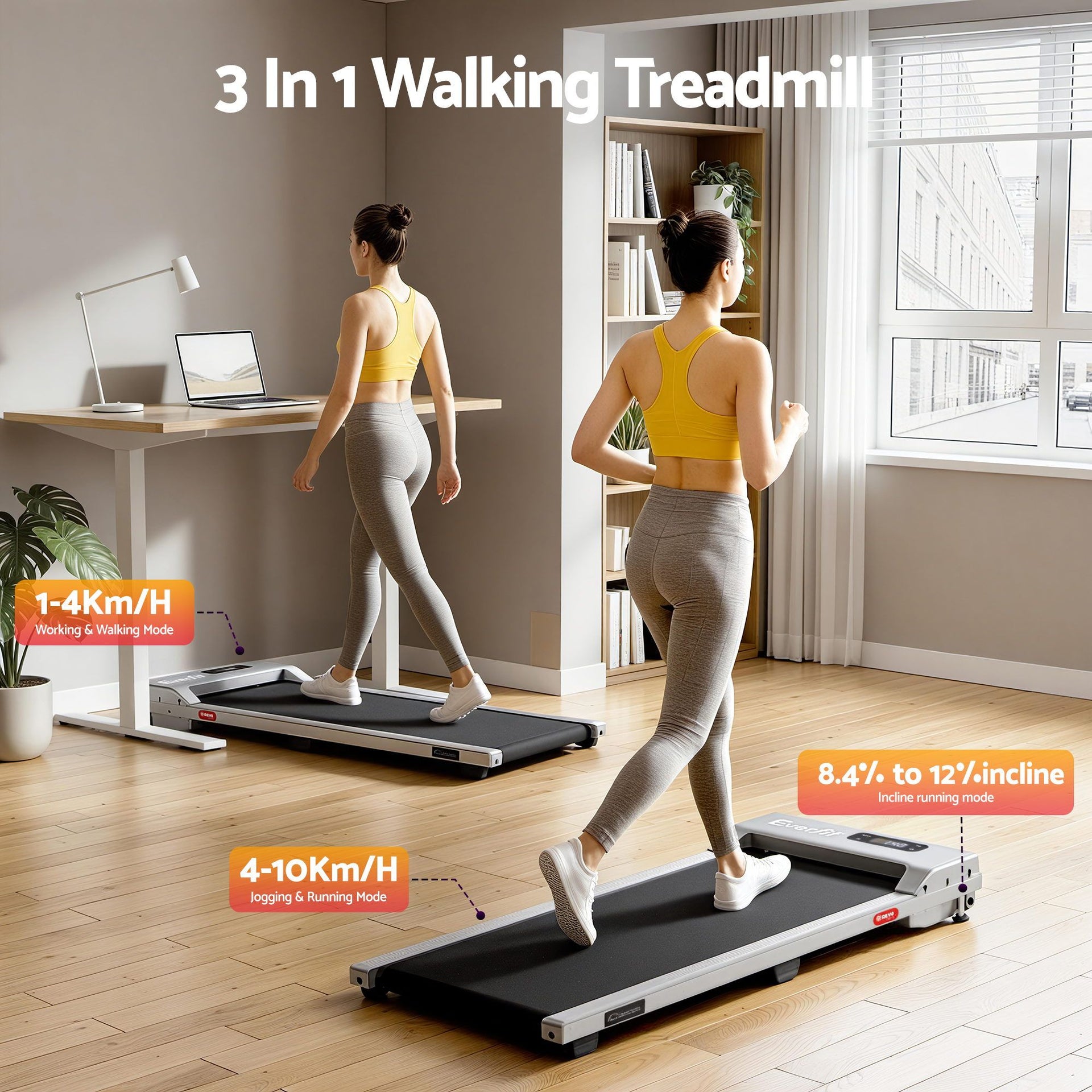 Everfit 3 in 1 Walking Pad Treadmill 12% Incline Under Desk Treadmills for Home Gym With 38cm Wide Belt Silver Awezingly