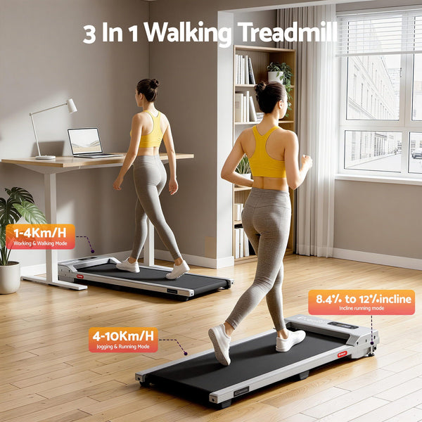 Everfit 3 in 1 Walking Pad Treadmill 12% Incline Under Desk Treadmills for Home Gym With 38cm Wide Belt Silver Awezingly