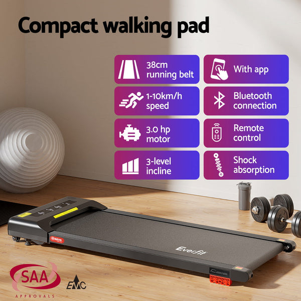 Everfit Treadmill Electric Walking Pad Incline Under Desk Home Gym 380mm Black Awezingly