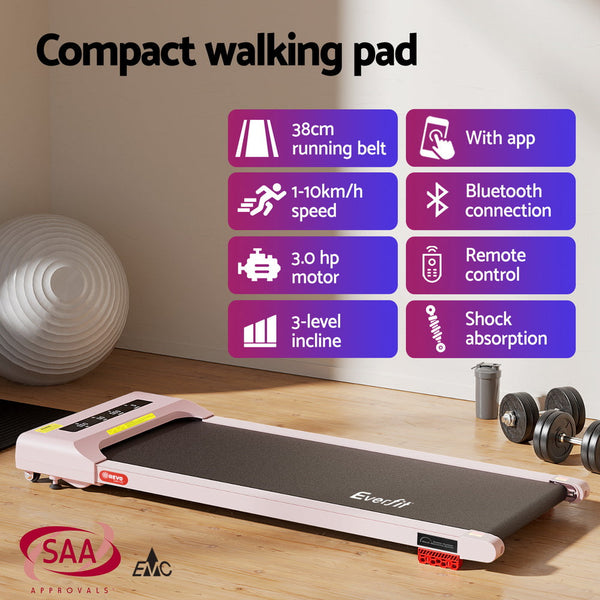 Everfit Treadmill Electric Walking Pad Incline Under Desk Home Gym 380mm Pink Awezingly