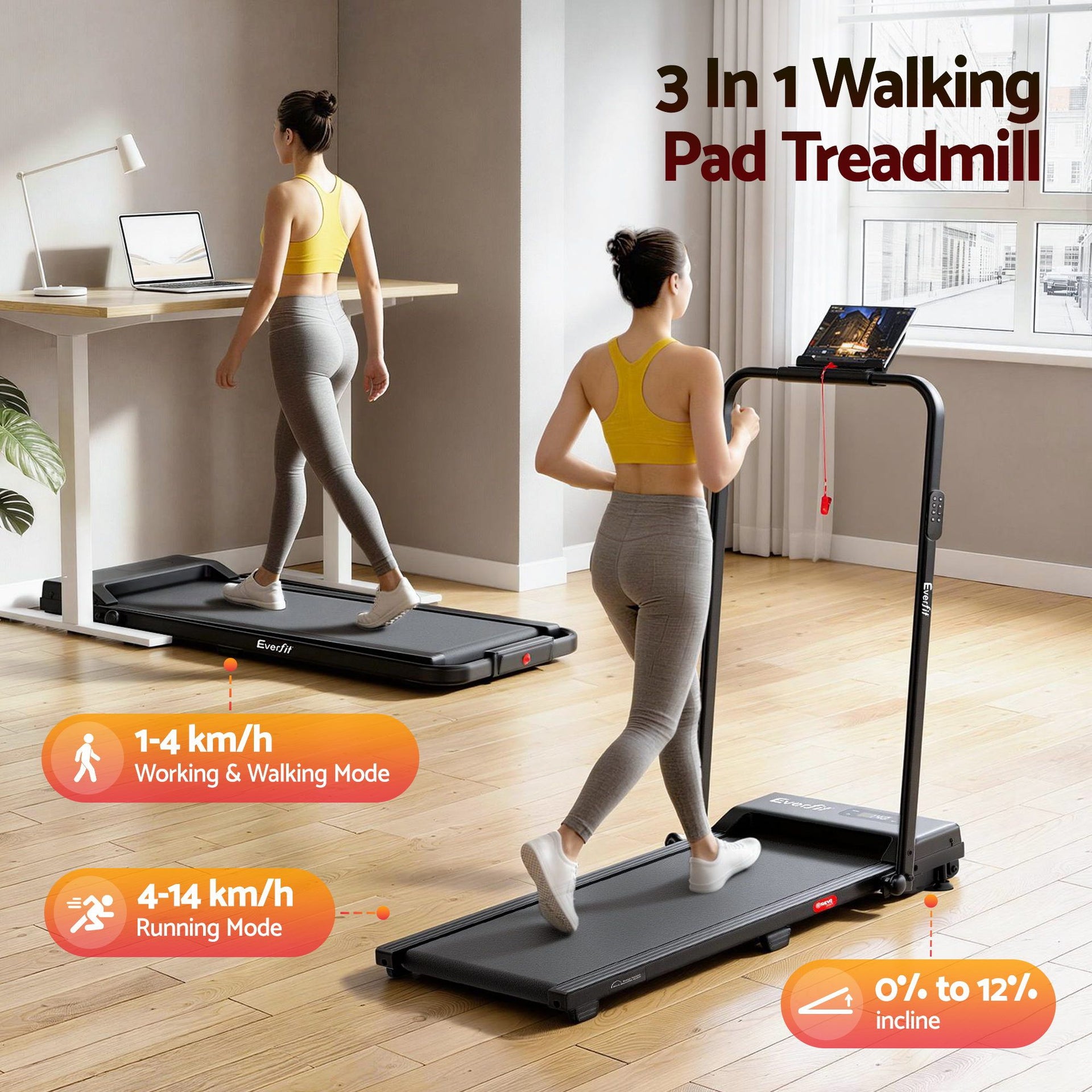 Everfit 3 in 1 Walking Pad Treadmill 12% Incline Under Desk Foldable Treadmills for Home Gym With 38cm Wide Belt APP Control Awezingly
