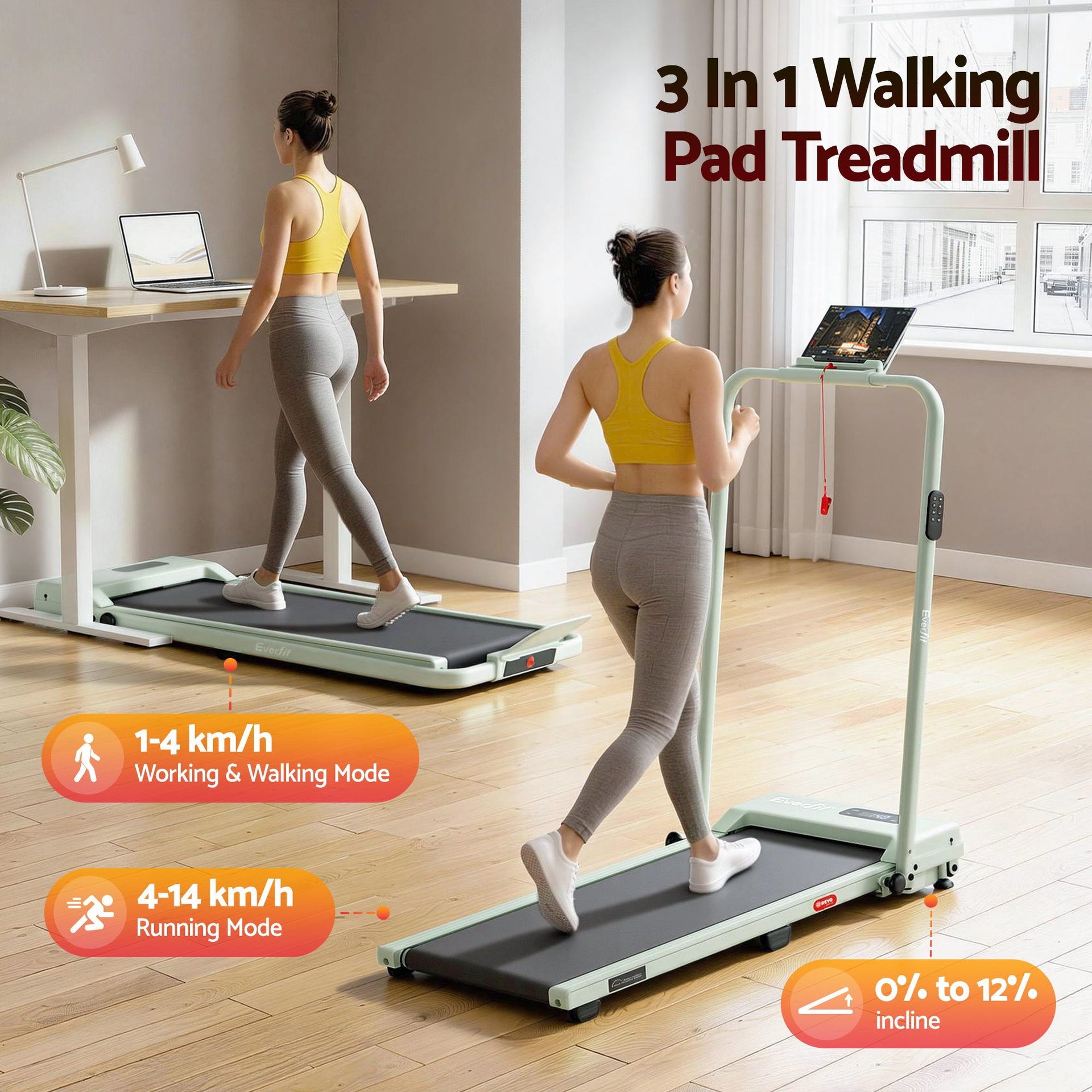 Everfit 3 in 1 Walking Pad Treadmill 12% Incline Under Desk Foldable Treadmills for Home Gym With 38cm Wide Belt APP Control Awezingly