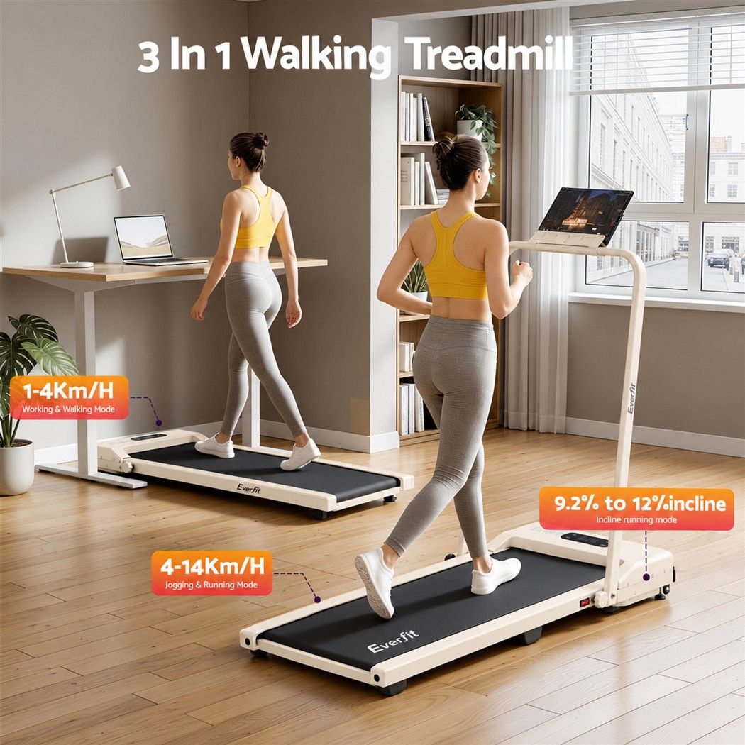 Everfit 3 in 1 Walking Pad Treadmill 12% Incline Foldable Under Desk Treadmills for Home 38cm Beige Awezingly