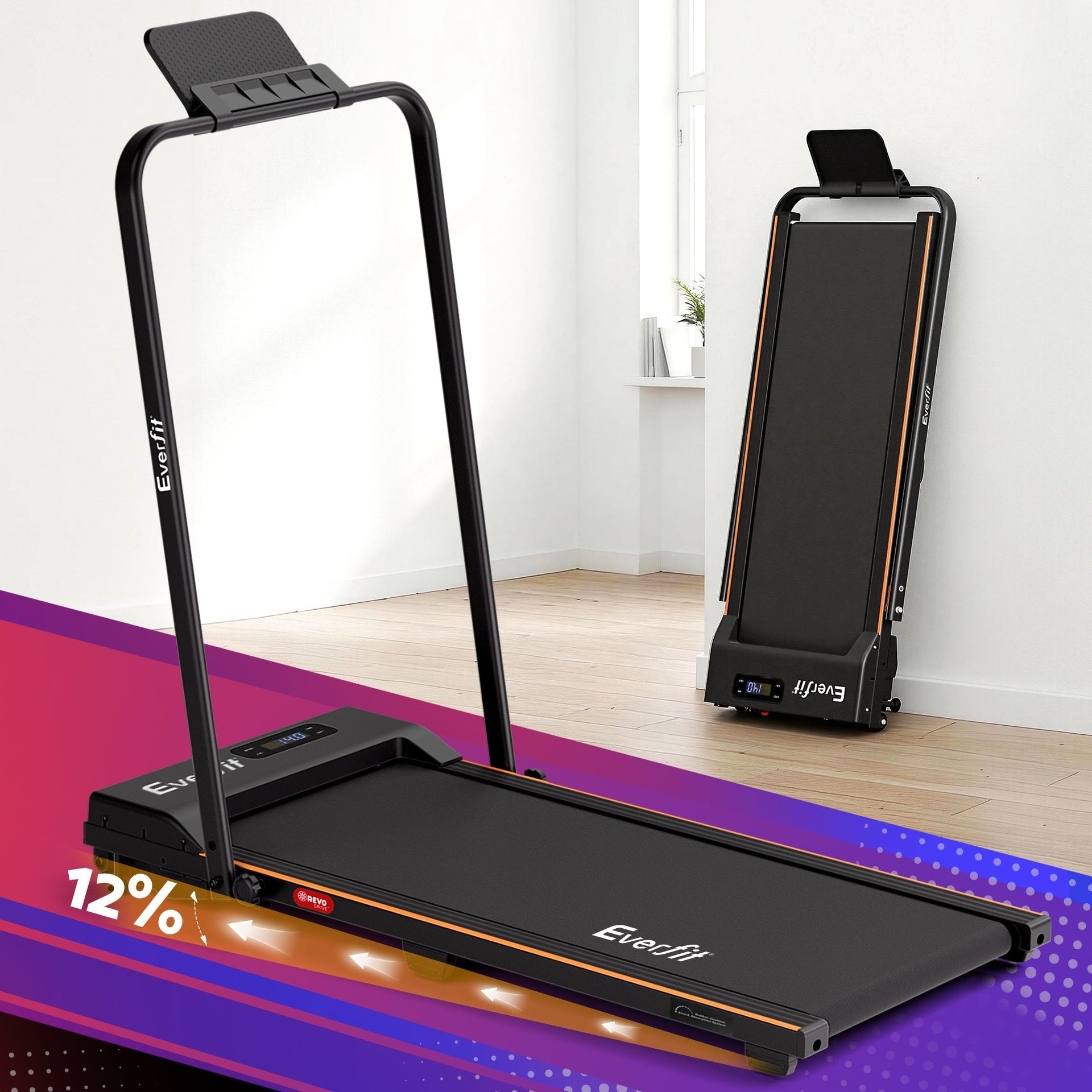 Everfit 3 in 1 Walking Pad Treadmill 12% Incline Foldable Under Desk Treadmills for Home Gym With 38cm Wide Belt Black Everfit