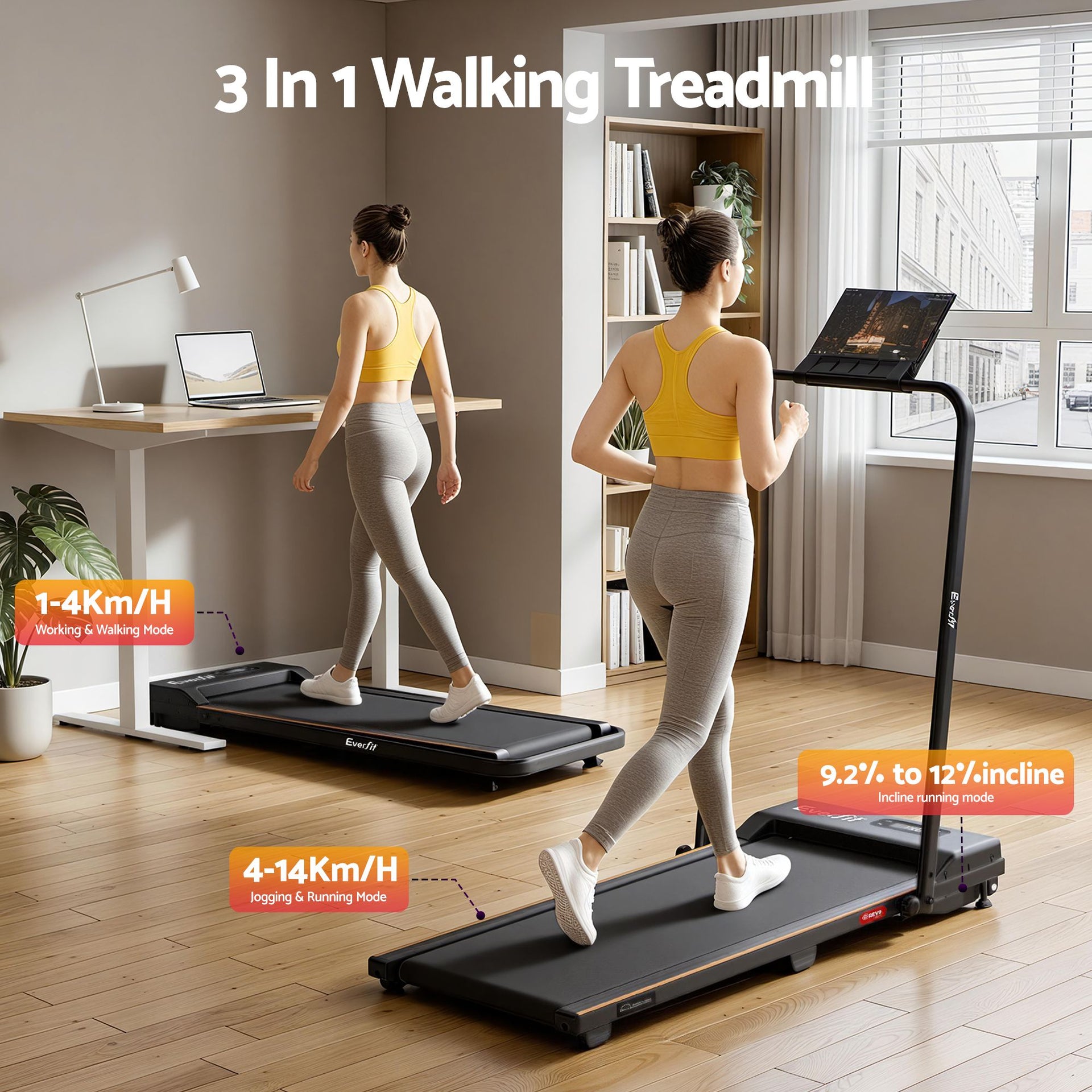 Everfit 3 in 1 Walking Pad Treadmill 12% Incline Foldable Under Desk Treadmills for Home Gym With 38cm Wide Belt Black Everfit