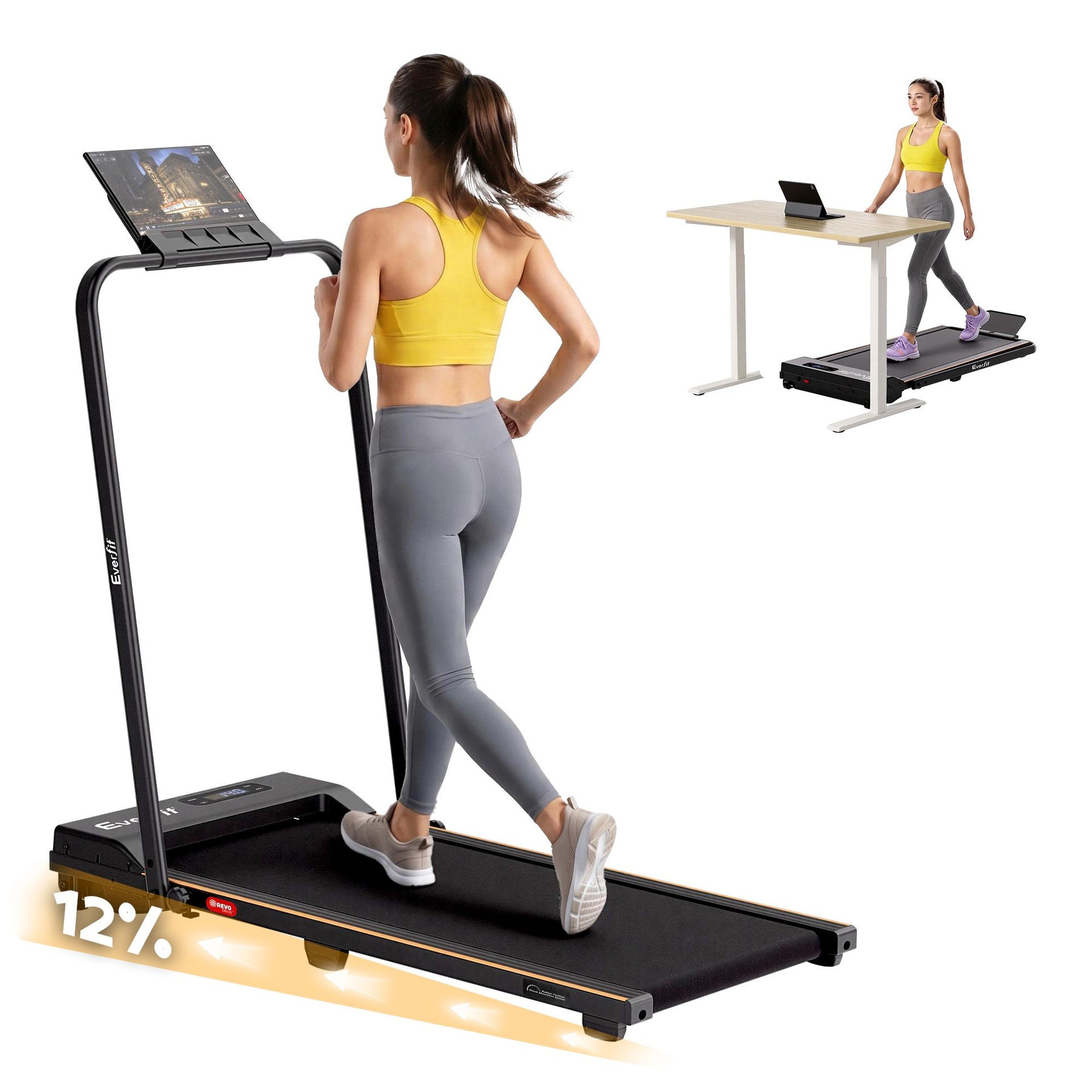 Everfit 3 in 1 Walking Pad Treadmill 12% Incline Foldable Under Desk Treadmills for Home Gym With 38cm Wide Belt Black Everfit