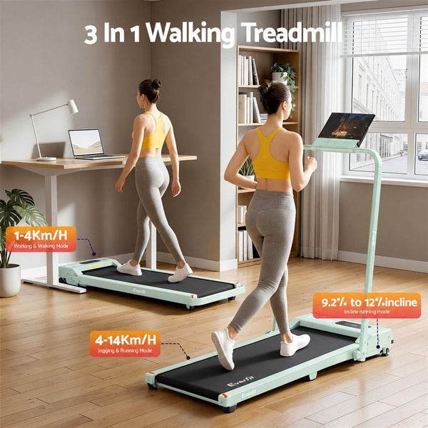 Everfit 3 in 1 Walking Pad Treadmill 12% Incline Foldable Under Desk Treadmills for Home 38cm Green Awezingly