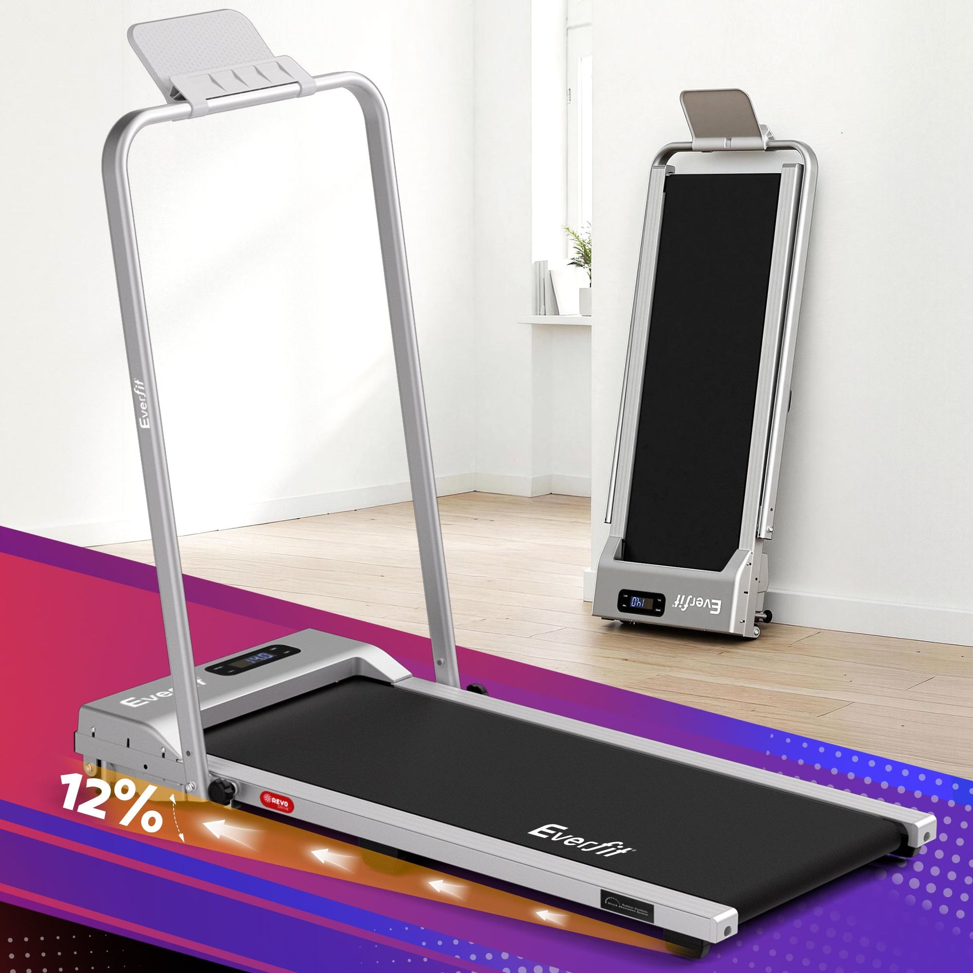 Everfit 3 in 1 Walking Pad Treadmill 12% Incline Foldable Under Desk Treadmills for Home Gym With 38cm Wide Belt Silver Everfit