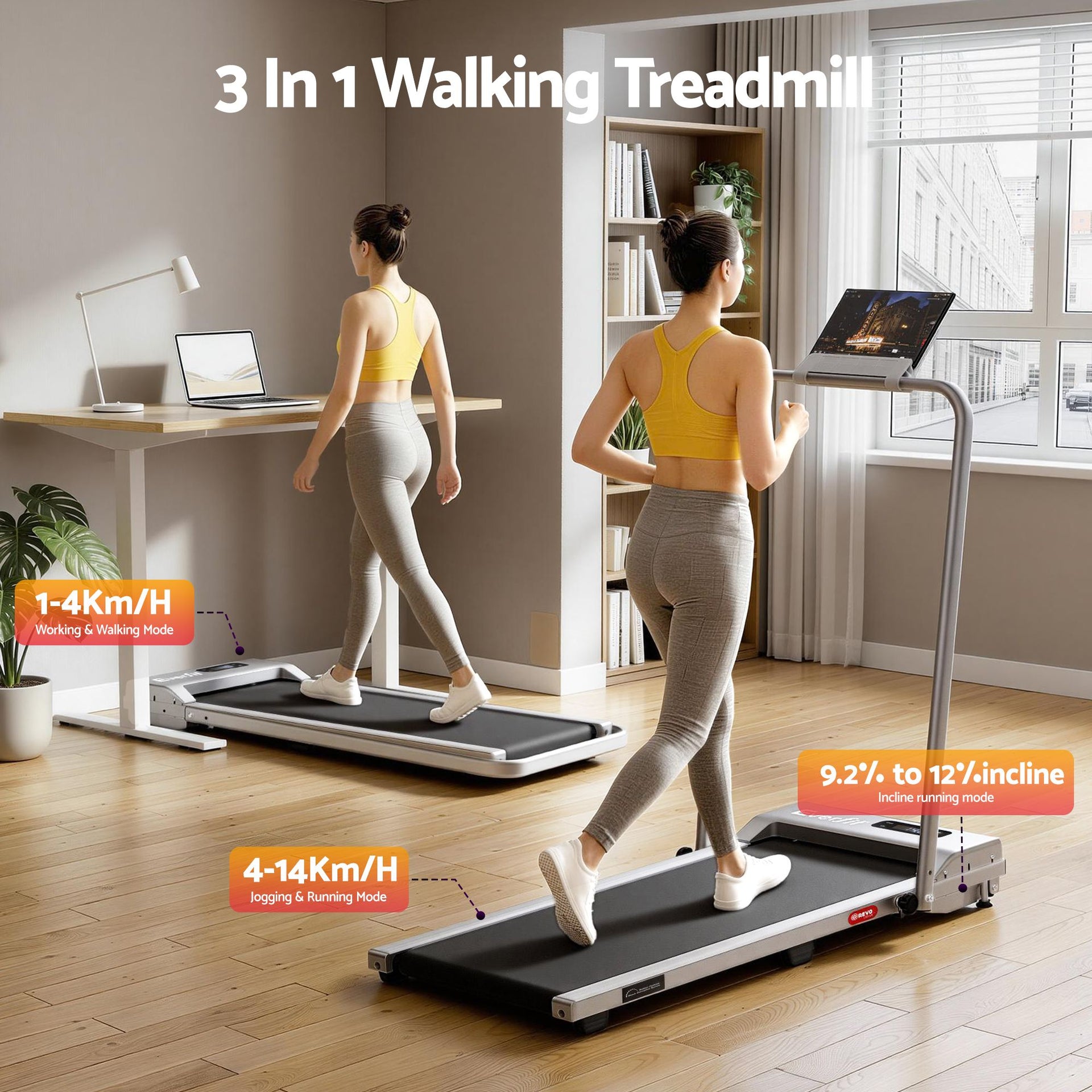 Everfit 3 in 1 Walking Pad Treadmill 12% Incline Foldable Under Desk Treadmills for Home Gym With 38cm Wide Belt Silver Everfit