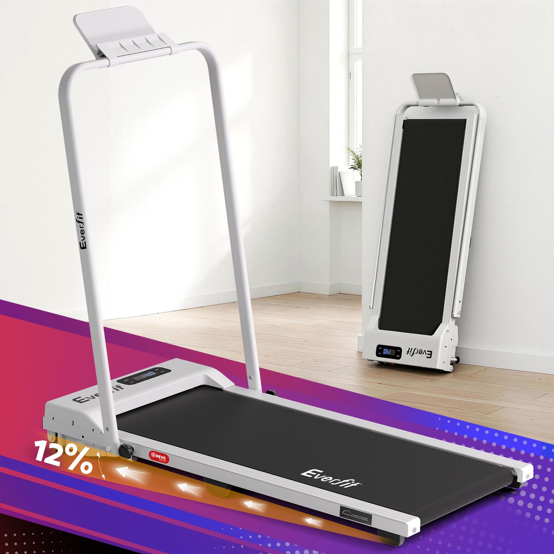 Everfit 3 in 1 Walking Pad Treadmill 12% Incline Foldable Under Desk Treadmills for Home Gym With 38cm Wide Belt White Everfit