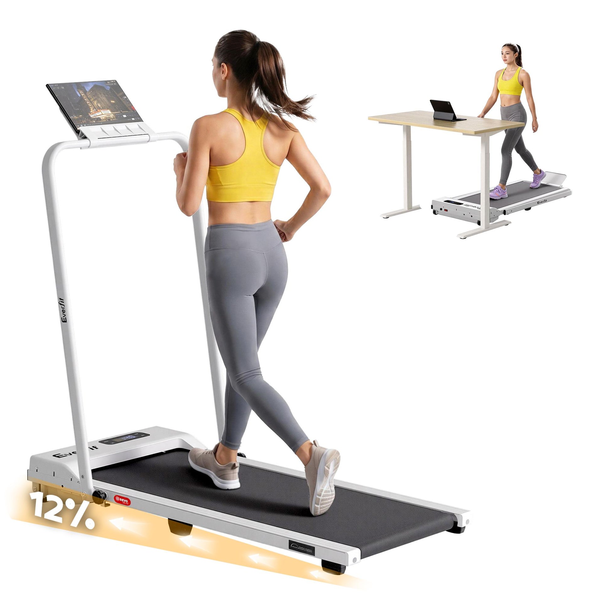 Everfit 3 in 1 Walking Pad Treadmill 12% Incline Foldable Under Desk Treadmills for Home Gym With 38cm Wide Belt White Everfit