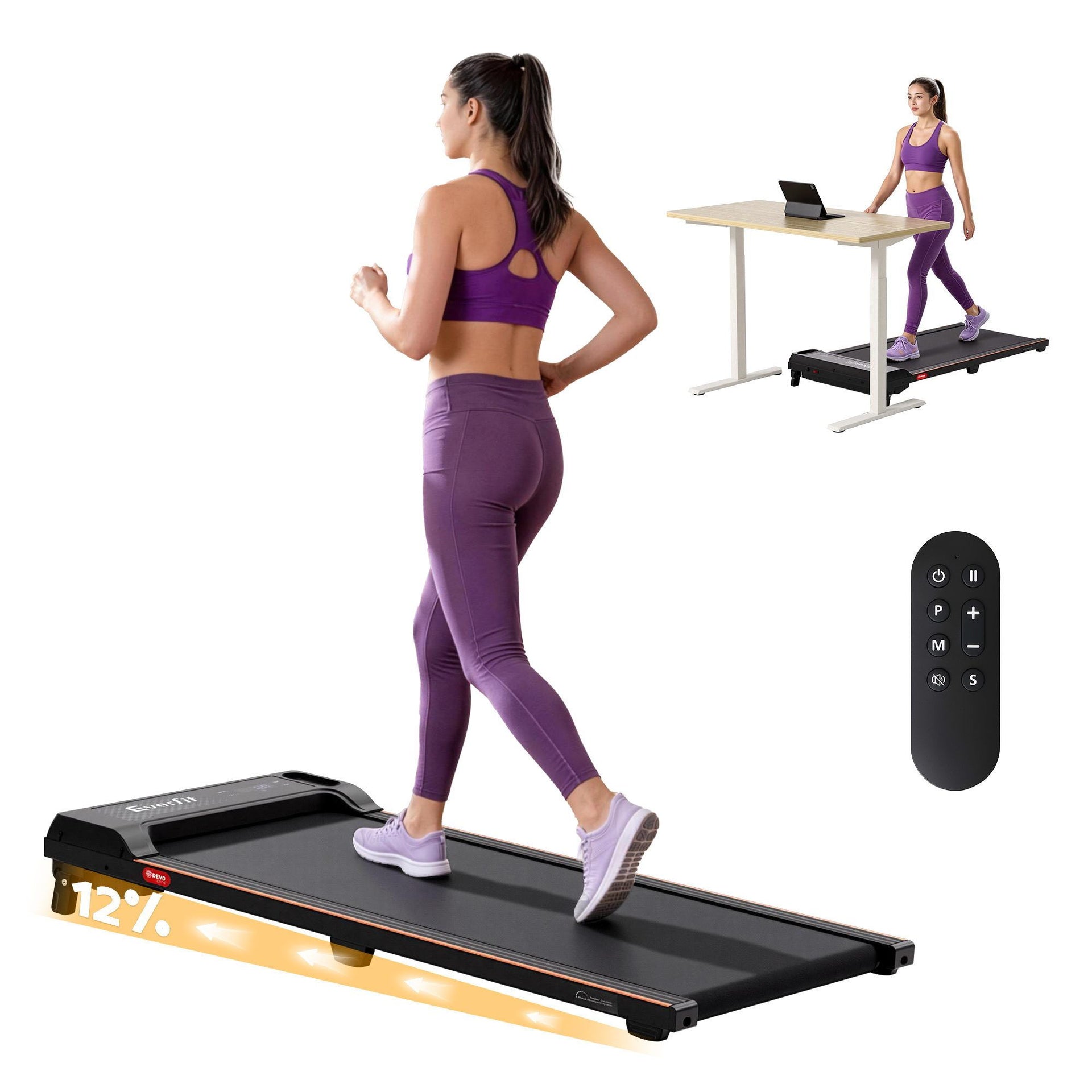Everfit 3 in 1 Walking Pad Treadmill 12% Incline Under Desk Treadmills for Home Gym With 40cm Wide Belt Black Awezingly