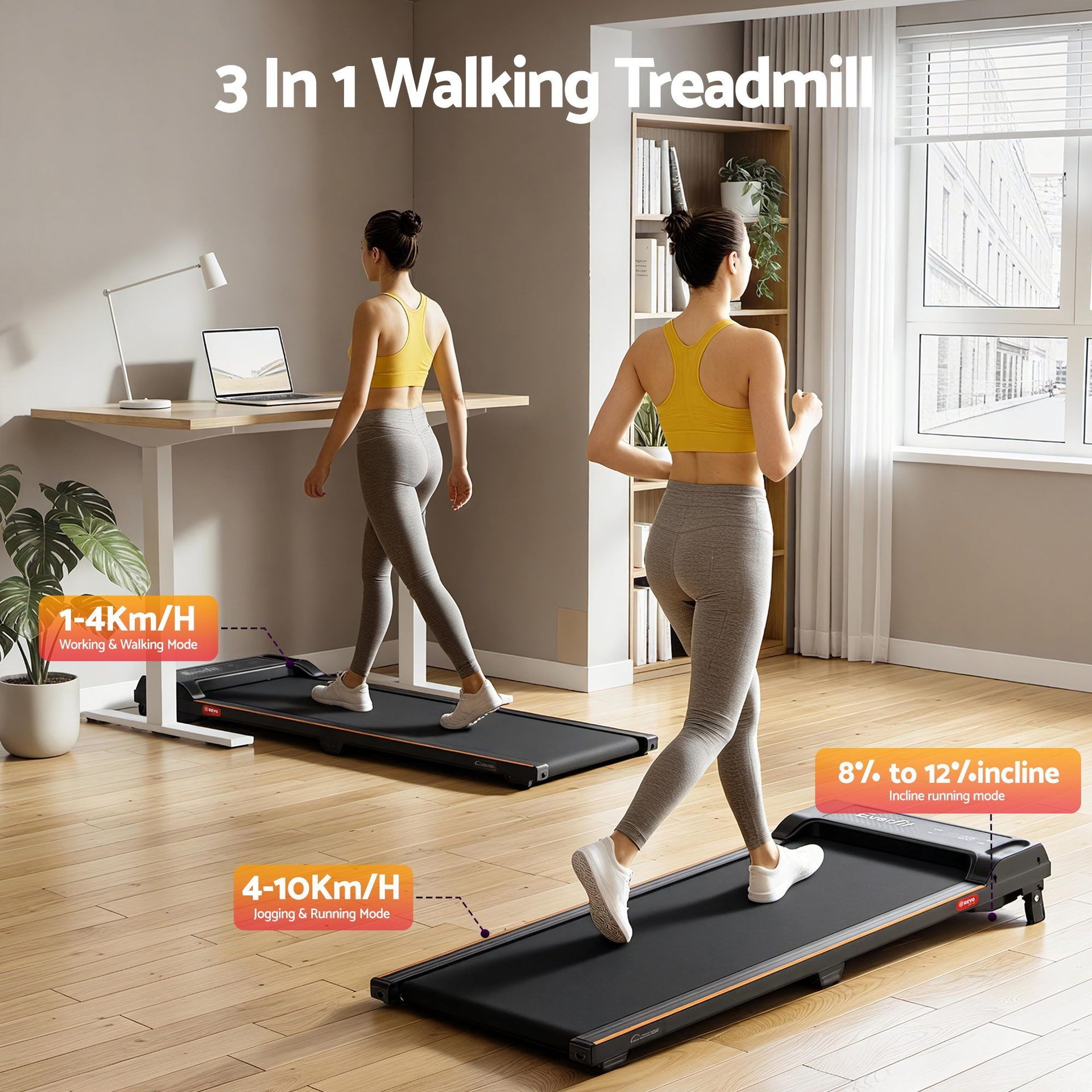 Everfit 3 in 1 Walking Pad Treadmill 12% Incline Under Desk Treadmills for Home Gym With 40cm Wide Belt Black Awezingly