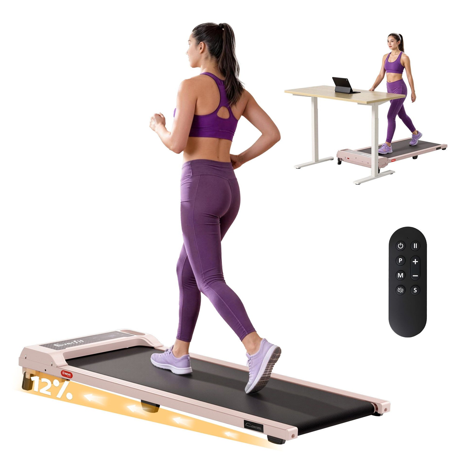 Everfit 3 in 1 Walking Pad Treadmill 12% Incline Under Desk Treadmills for Home Gym With 40cm Wide Belt Pink Awezingly
