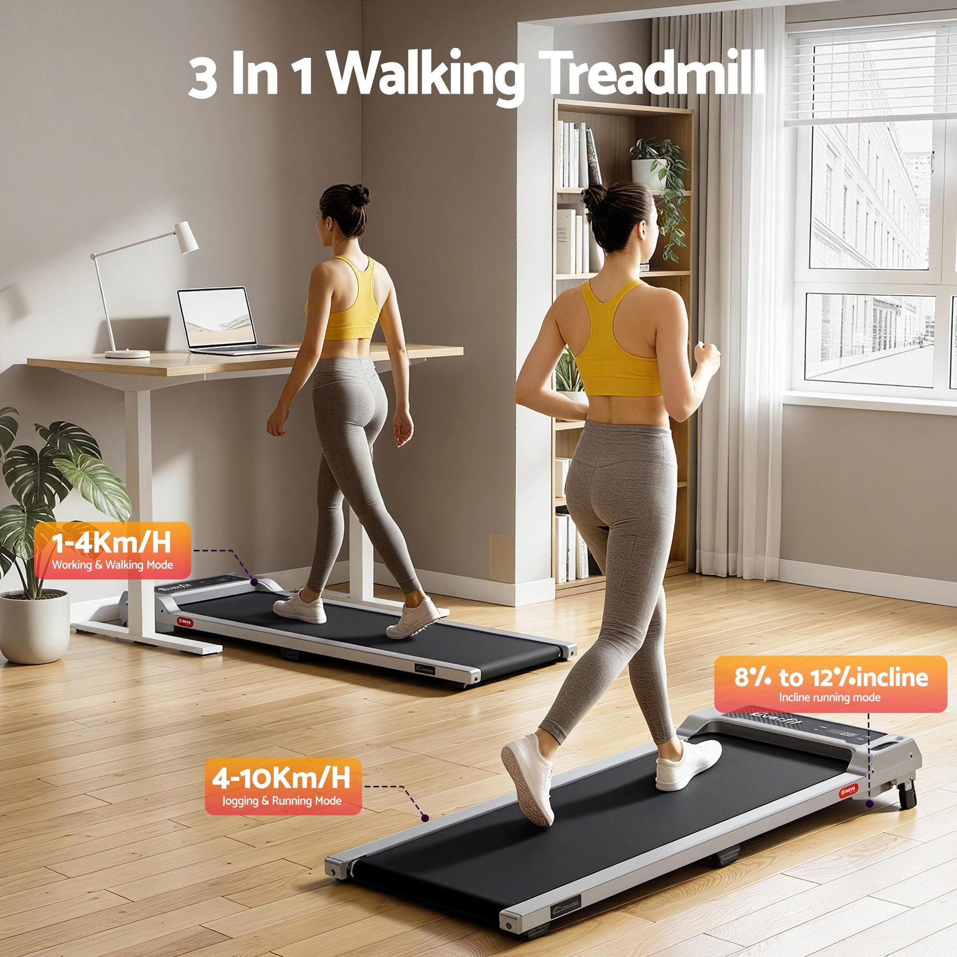 Everfit 3 in 1 Walking Pad Treadmill 12% Incline Under Desk Treadmills for Home Gym With 40cm Wide Belt Sliver Awezingly