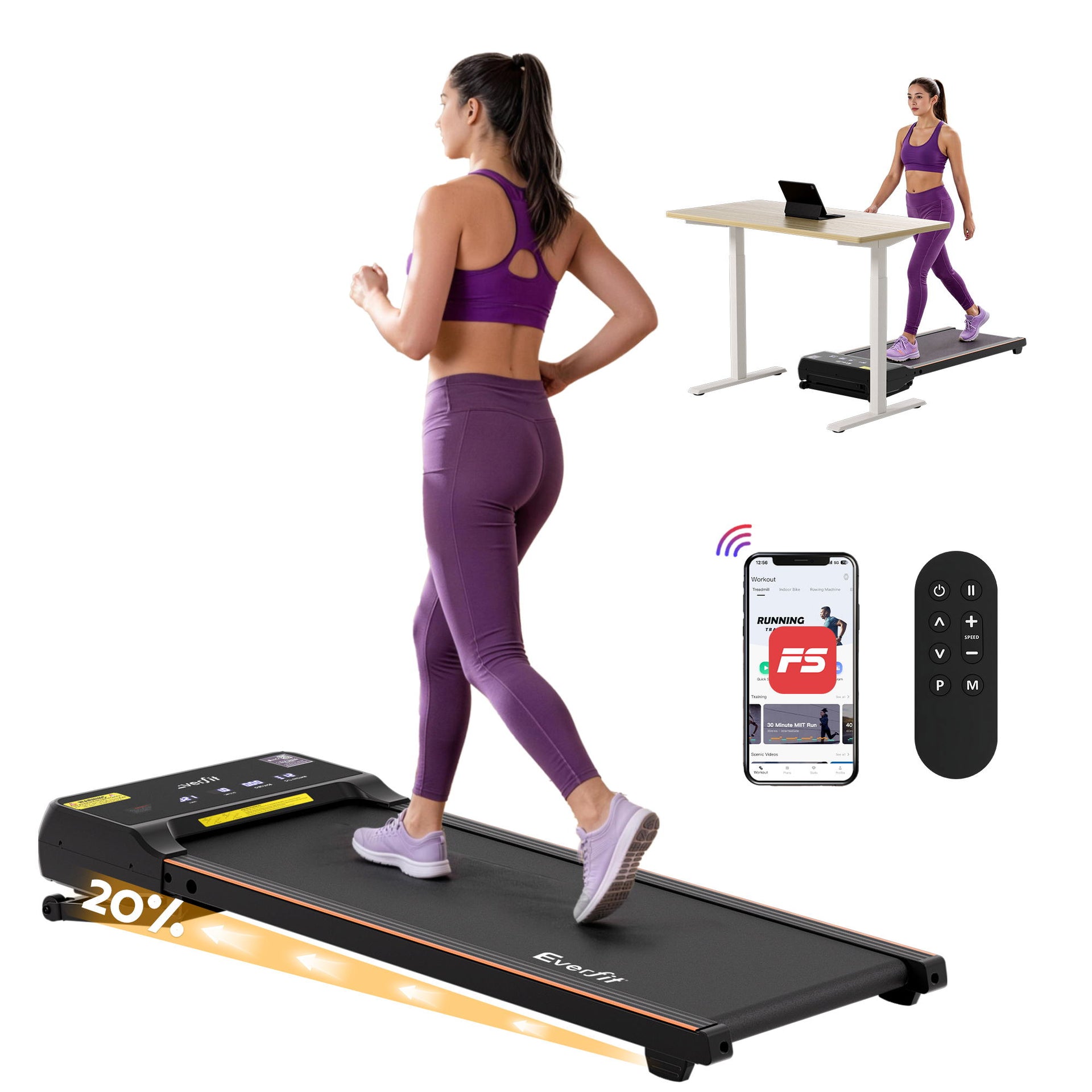 Everfit 3 in 1 Walking Pad Treadmill 20% Auto Incline Under Desk Treadmills for Home Gym With 40cm Wide Belt Awezingly